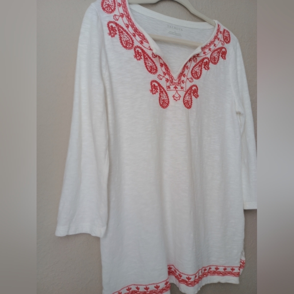 Talbots Vintage Top White & Red Embroidery Paisly 3/4 Sleeve Size S - Picture 3 of 6